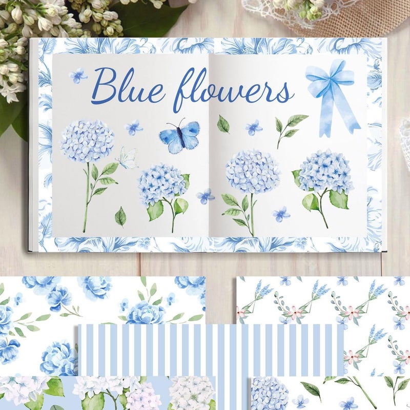 WLXTREE Blue Floral Scrapbook Paper, 24 Sheets Double Sided, Hydrangea Flowers Decorative Cardstock Patterned Paper for Card Making, Photo Album, Journal, DIY Craft - Image 5